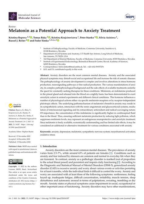 Melatonin as a Potential Approach to Anxiety Treatment .
